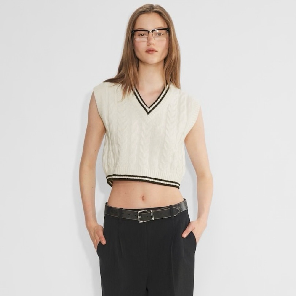 Sunday Best “Winston” Cable Knit V-Neck Cropped Sweater Vest - Cream and Black